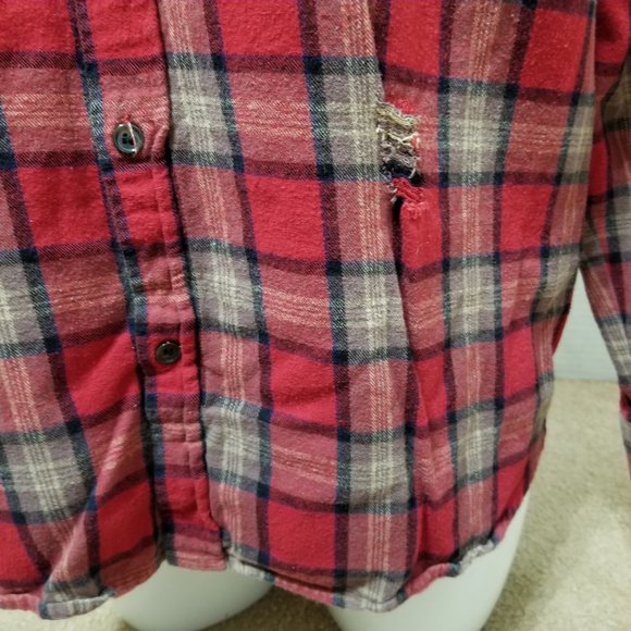 Forever 21 Men shirt Large distressed flannel button up plaid ripped torn grunge - Picture 10 of 15
